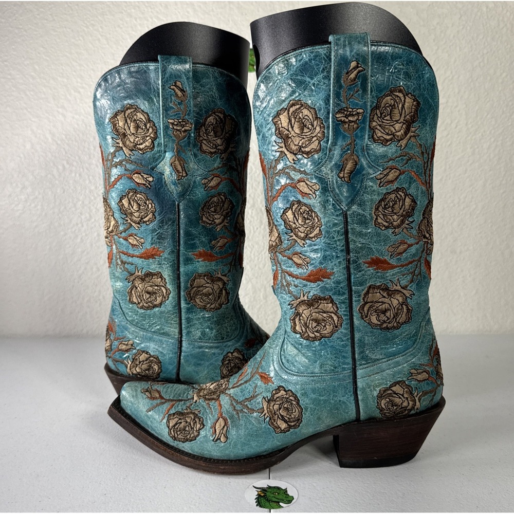 Lucchese Turquoise Cowboy Boots Womens 6 Distressed Embroidered Roses M5646 - Picture 6 of 16